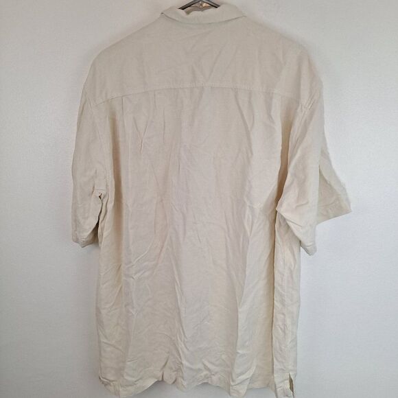 Tommy Bahama Original  100% Silk Cream Embossed Print Mickey Logo Button T Shirt - Picture 4 of 8